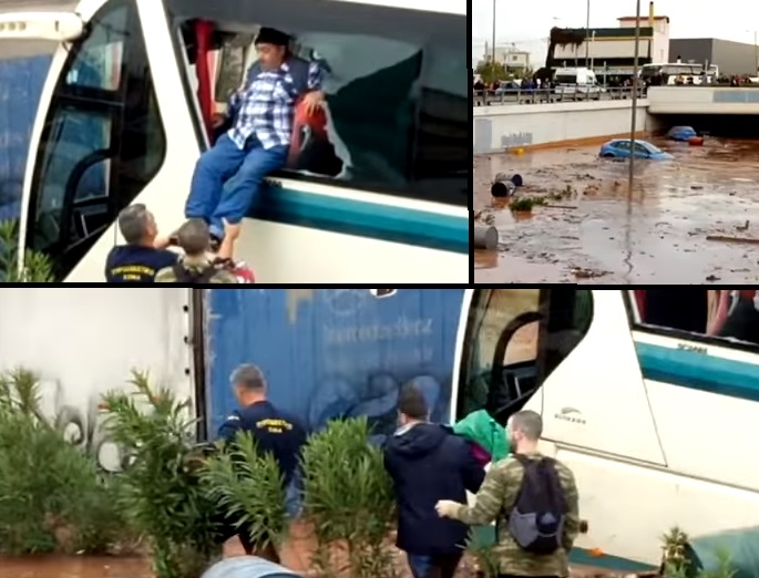 Βγαίνει και ο τελευταίος επιβάτης και το λεωφορείο... παρασύρεται από τα νερά στον ανισόπεδο κόμβο - Νέο συγκλονιστικό ΒΙΝΤΕΟ με τη διάσωση