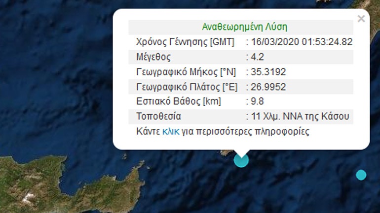 Σεισμική δόνηση 4,2R νοτιοανατολικά της Κάσου