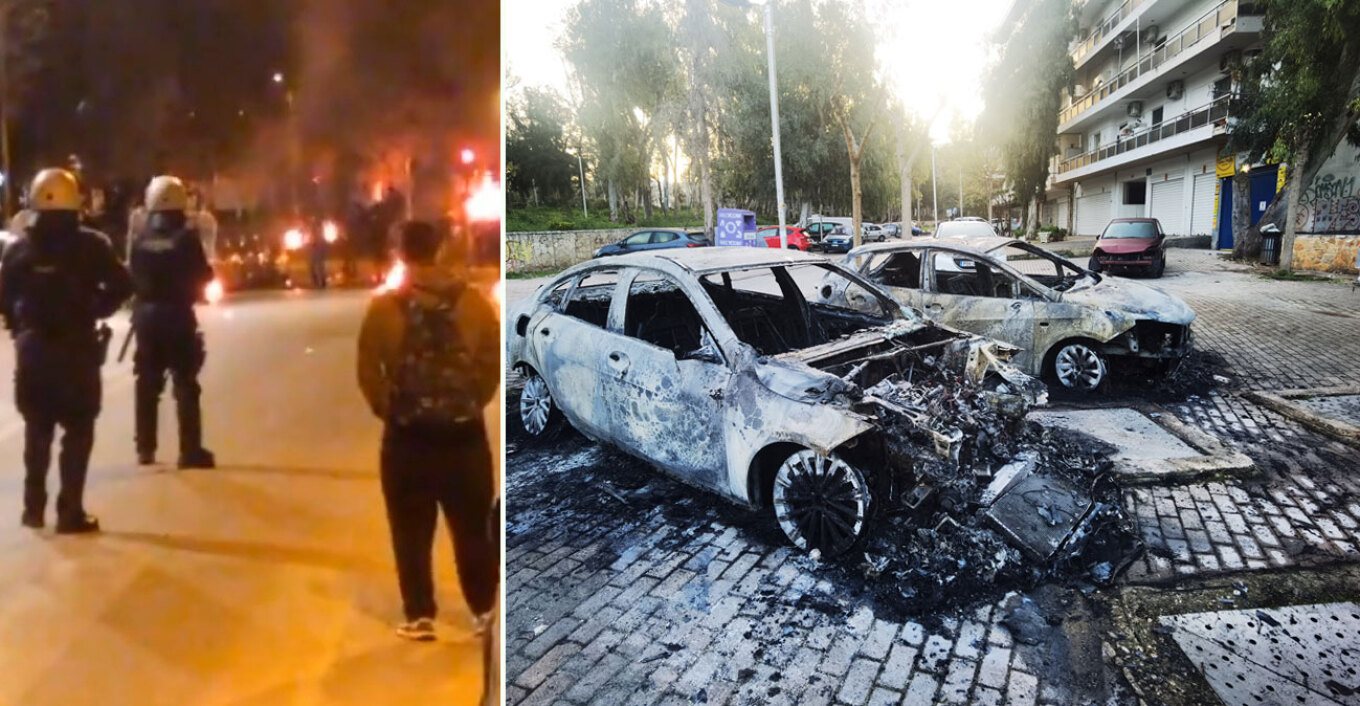 Αγνώστοι έβαλαν φωτιά σε 7 αυτοκίνητα - Επεισόδια με την Αστυνομία