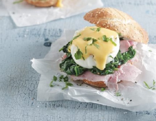 Αβγά benedict με σπανάκι πάνω σε ψητό ψωμί και ζαμπόν