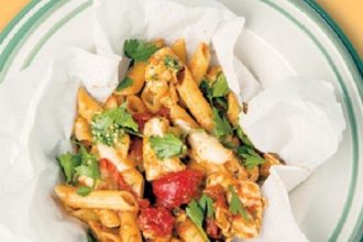 Πέννες με κοτόπουλο, ντομάτα και μοτσαρέλα στο χαρτί