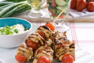Πικάντικα σουβλάκια γαλοπούλας με ντοματίνια