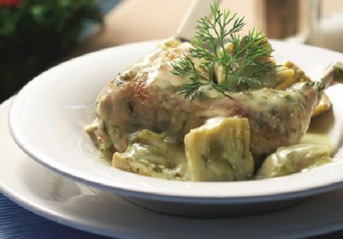 Κοτόπουλο φρικασέ με αγκινάρες