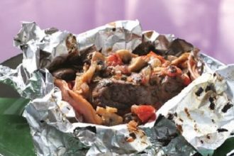 Κρέας με σάλτσα μανιταριών και ζαμπόν σε πακέτο