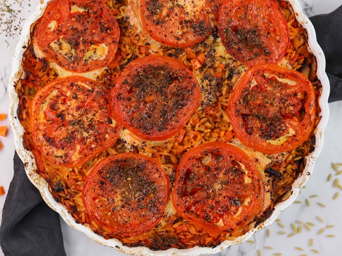 Κριθαράκι με τυριά και λαχανικά στο φούρνο