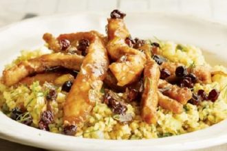 Γλυκόξινο χοιρινό με σταφίδες