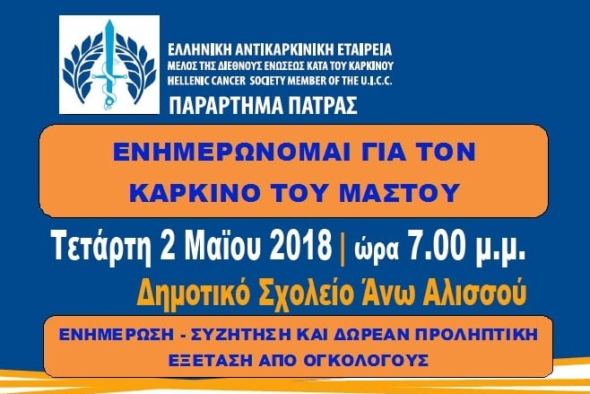 Αντικαρκινική Εταιρεία: Ενημέρωση και δωρεάν εξετάσεις σε γυναίκες σήμερα στον Αλισσό