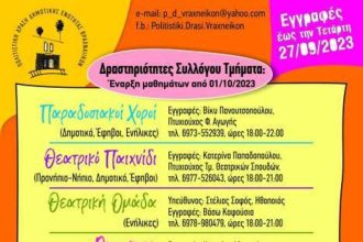 Πολιτιστική Δράση Βραχνεΐκων: Εγγραφές έως την Τετάρτη 27 Σεπτεμβρίου για τη νέα διδακτική περίοδο