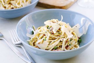 Σπαγγέτι με αρακά και μπέικον