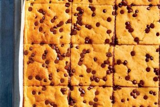 Εύκολο μεγάλο pancake, απλωτό στο ταψί, με σταγόνες σοκολάτας