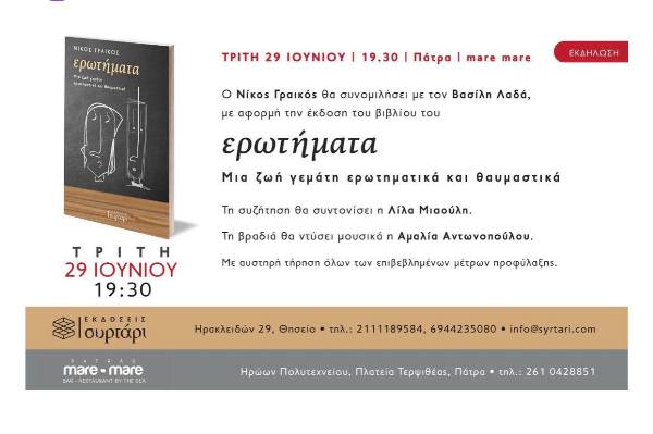 Πάτρα: Συζήτηση για το βιβλίο "Ερωτήματα"