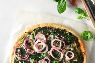 Γρήγορη πίτσα με σπανάκι, κρεμμύδι και χτυπητά αυγά