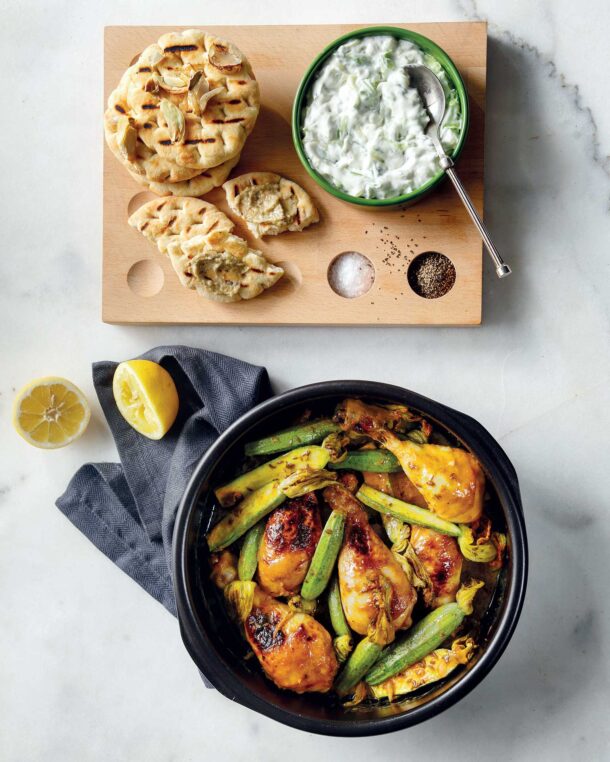 Μπουτάκια κοτόπουλου με κολοκύθια στον φούρνο