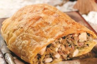 Στρούντελ με μανιτάρια, κοτόπουλο, μπέικον και τυρί