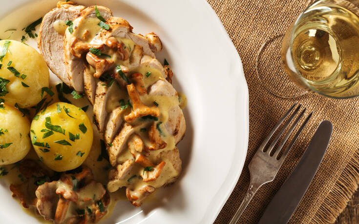 Στήθος κοτόπουλο με μανιτάρια και σάλτσα μουστάρδας