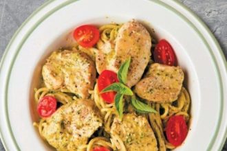 Κοτόπουλο με pesto μυρωδικών και σπαγγέτι