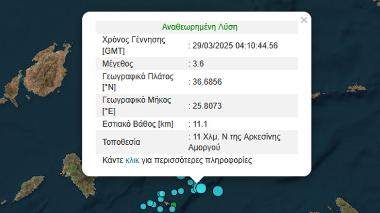 Σεισμός 3,6 Ρίχτερ τα ξημερώματα στην Αμοργό
