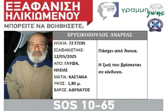 Silver Alert για τον Πατρινό που εξαφανίστηκε στην Ηλεία