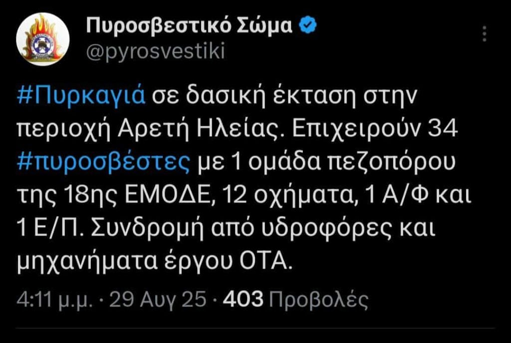 Φωτιά σε δάσος στην Αρετή Ηλείας - Σηκώθηκαν 2 εναέρια