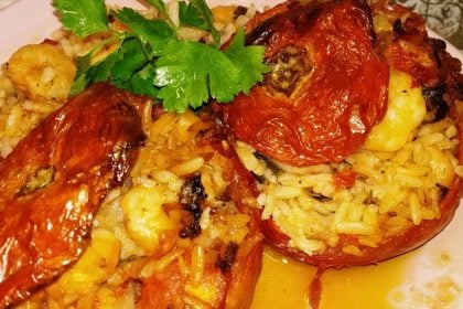 Γεμιστά με καστανό ρύζι και γαρίδες