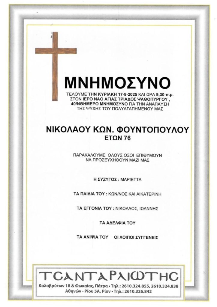 Πάτρα: Μνημόσυνα που θα τελεστούν σήμερα Κυριακή