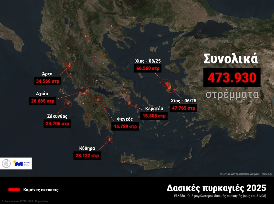 Δασικές πυρκαγιές στην Ελλάδα: Φέτος η 5η χειρότερη χρονιά από το 2006 - Στάχτη 473.930 στρέμματα - Πόσες εκτάσεις κάηκαν στην Αχαΐα