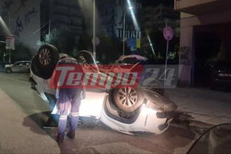 Άγιο είχε οδηγός που τούμπαρε με τον ΙΧ στο κέντρο της Πάτρας, τα ξημερώματα ΦΩΤΟ