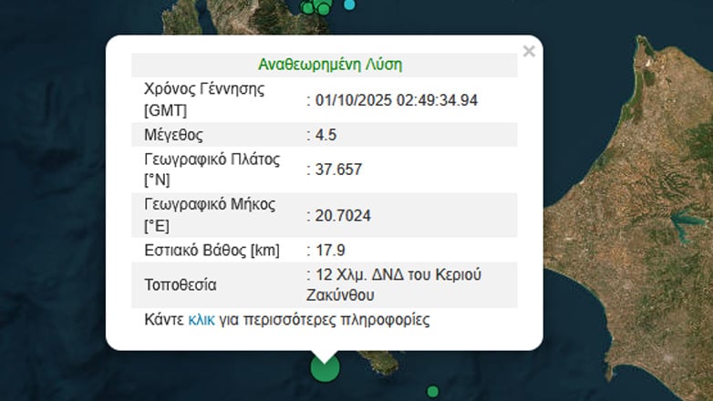 Νέος σεισμός τα ξημερώματα ανοικτά της Ζακύνθου