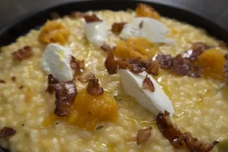 Ριζότο φούρνου με κολοκύθα και καπνιστή πανσέτα