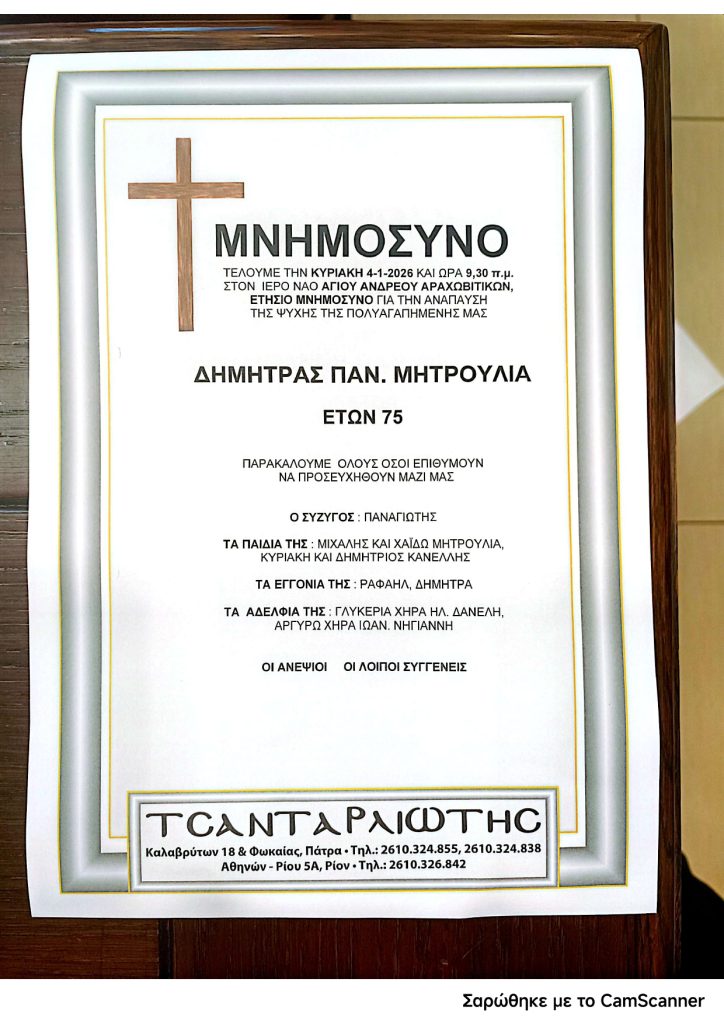 Πάτρα: Μνημόσυνα που θα τελεστούν την Κυριακή 4 Ιανουαρίου