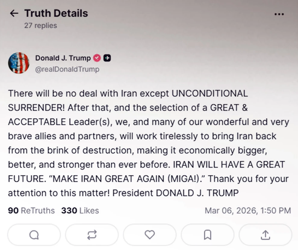 Τραμπ: Δεν θα υπάρξει καμία συμφωνία με το Ιράν – Μόνο παράδοση άνευ όρων